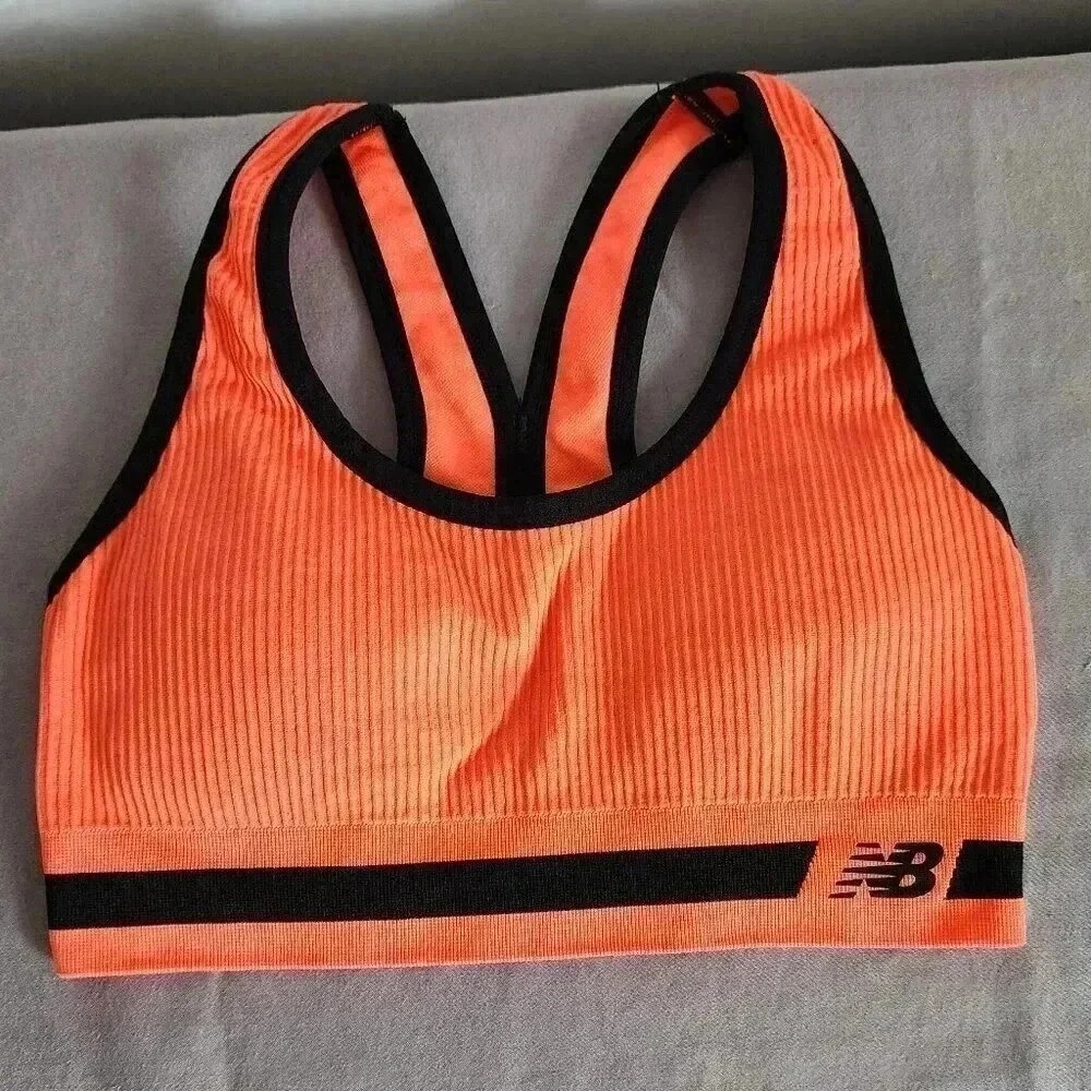 New Balance Womens Neon Orange Ribbed Racerback Sports Bra Size Small NB Logo